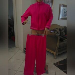 2 PC BLOOMINGDALES Vibrant Pink Tracksuit W/ SILVER STUDS SZ M PETITE (WORN 2X)